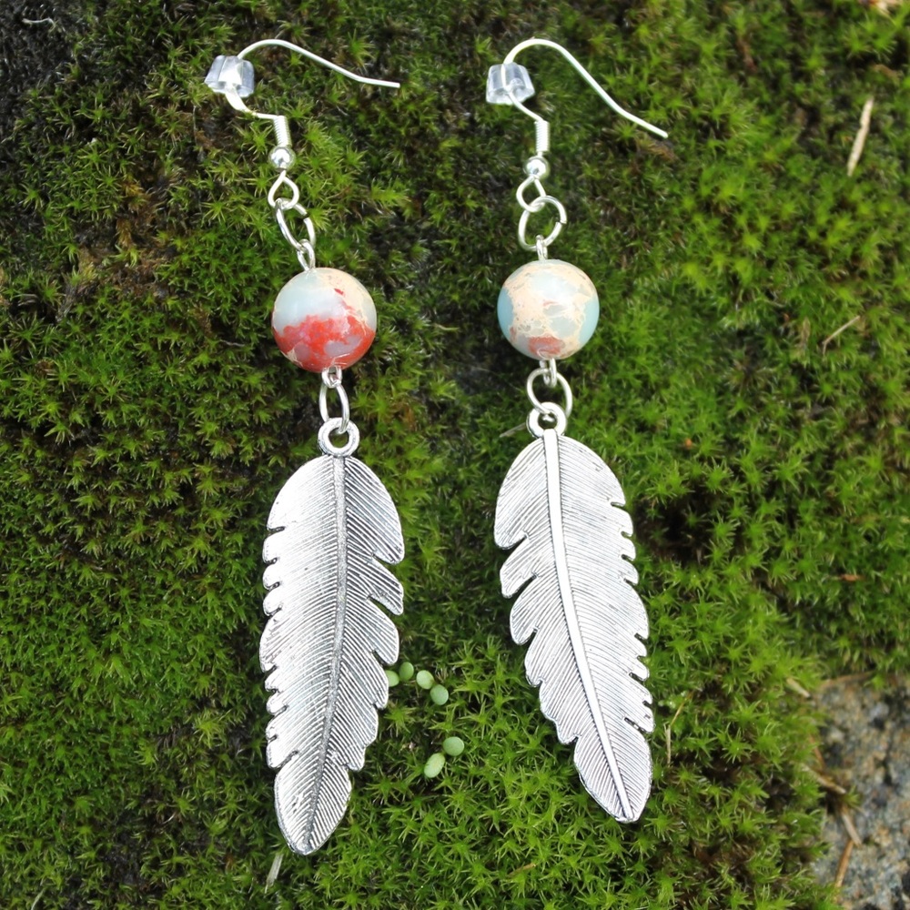 🪶 Red & blue jasper feather dangles